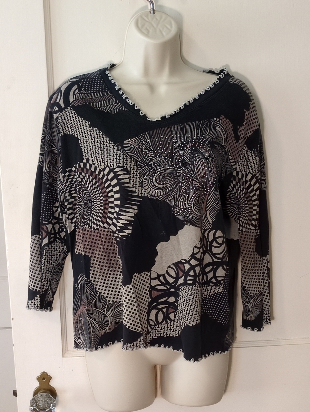 Cactus Black and Taupe Mixed-Print V-Neck Blouse